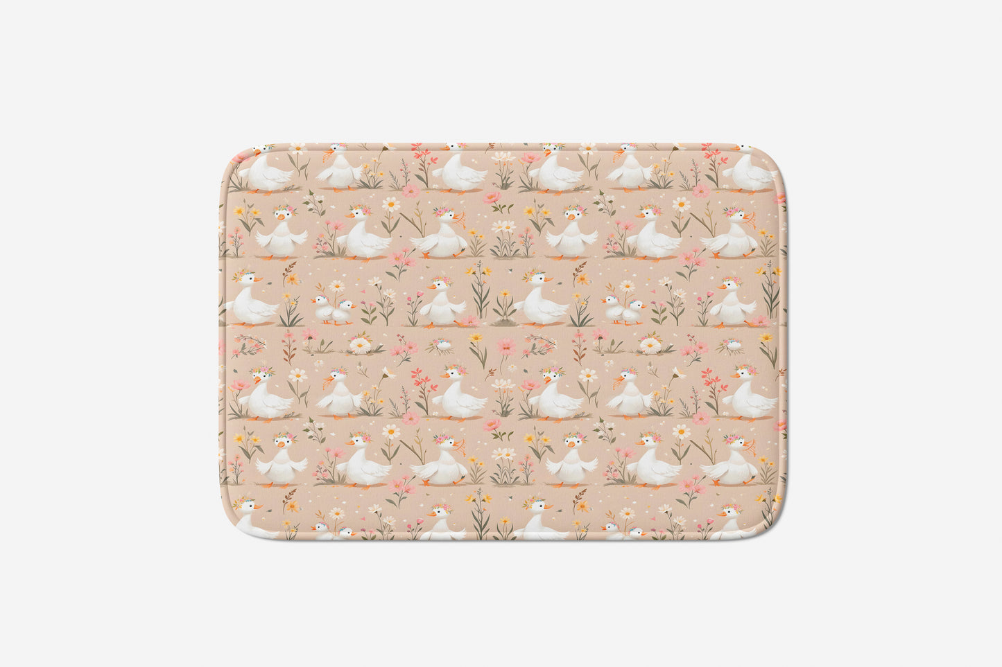 Goose Parade – Beige Floral & White Goose Shower Curtain