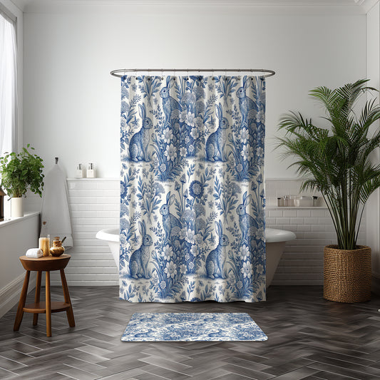 Blue Toile Meadow Rabbit & Floral Shower Curtain