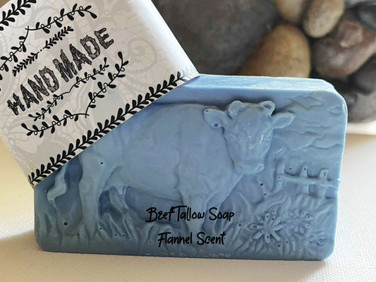 Bar Soap, Beef Tallow, Carved Cow , Soft Flannel Scent