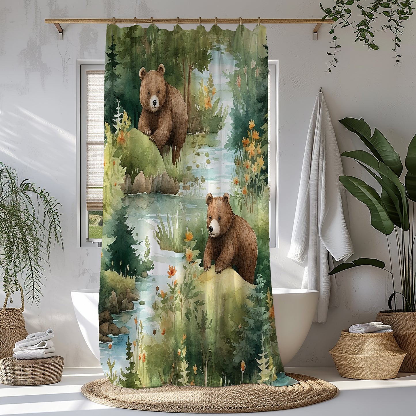 Watercolor Woodland Bears Shower Curtain