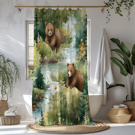 Watercolor Woodland Bears Shower Curtain
