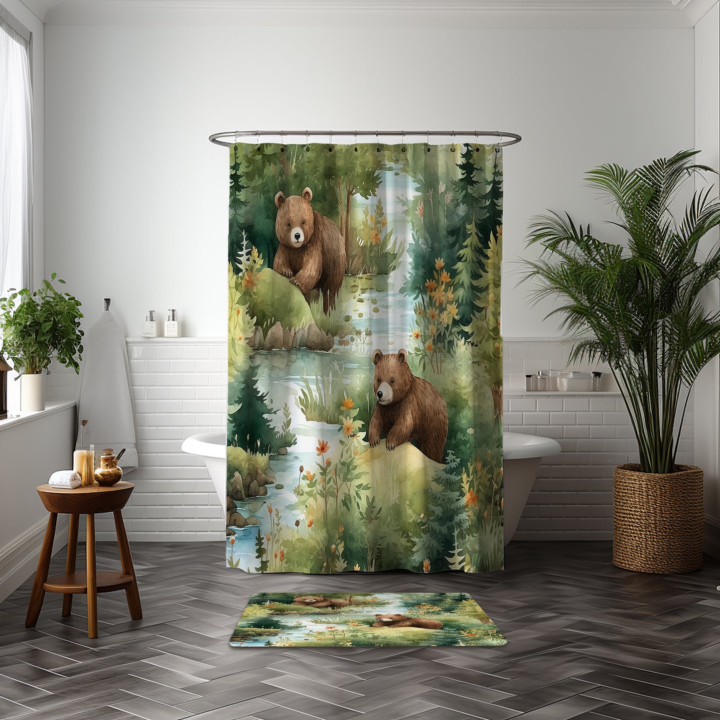 Watercolor Woodland Bears Shower Curtain