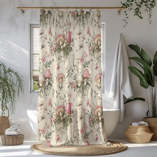 Mushroom Reverie – Pink Cottagecore Shower Curtain