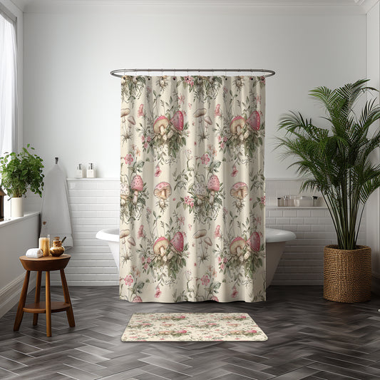 Mushroom Reverie – Pink Cottagecore Shower Curtain