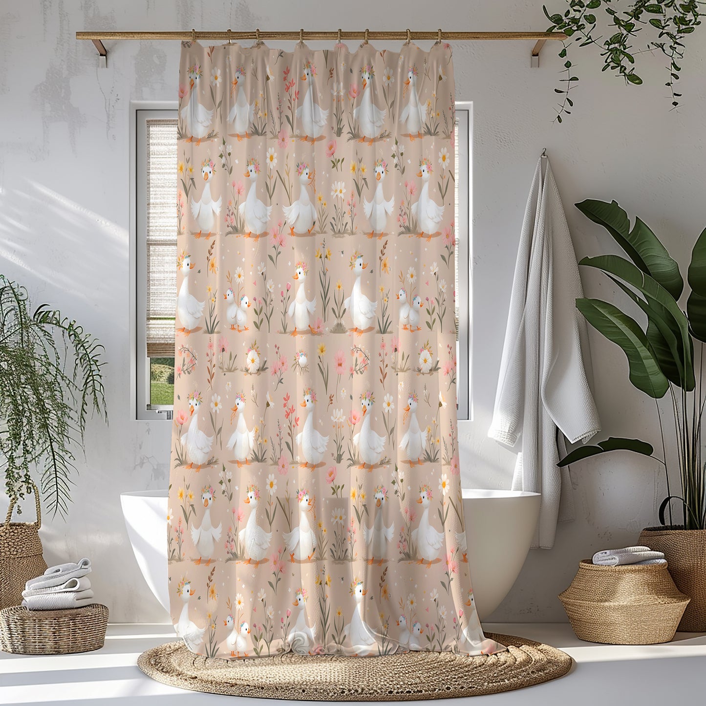Goose Parade – Beige Floral & White Goose Shower Curtain