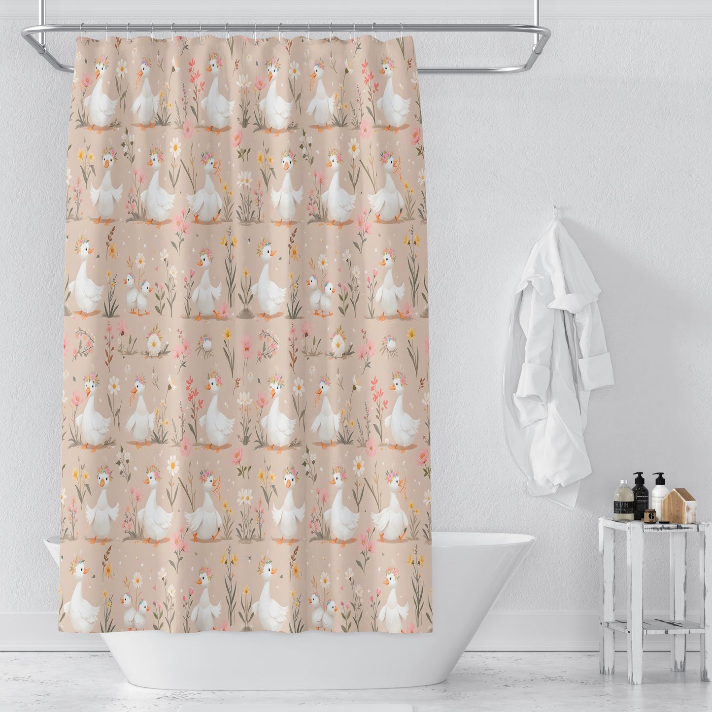 Goose Parade – Beige Floral & White Goose Shower Curtain