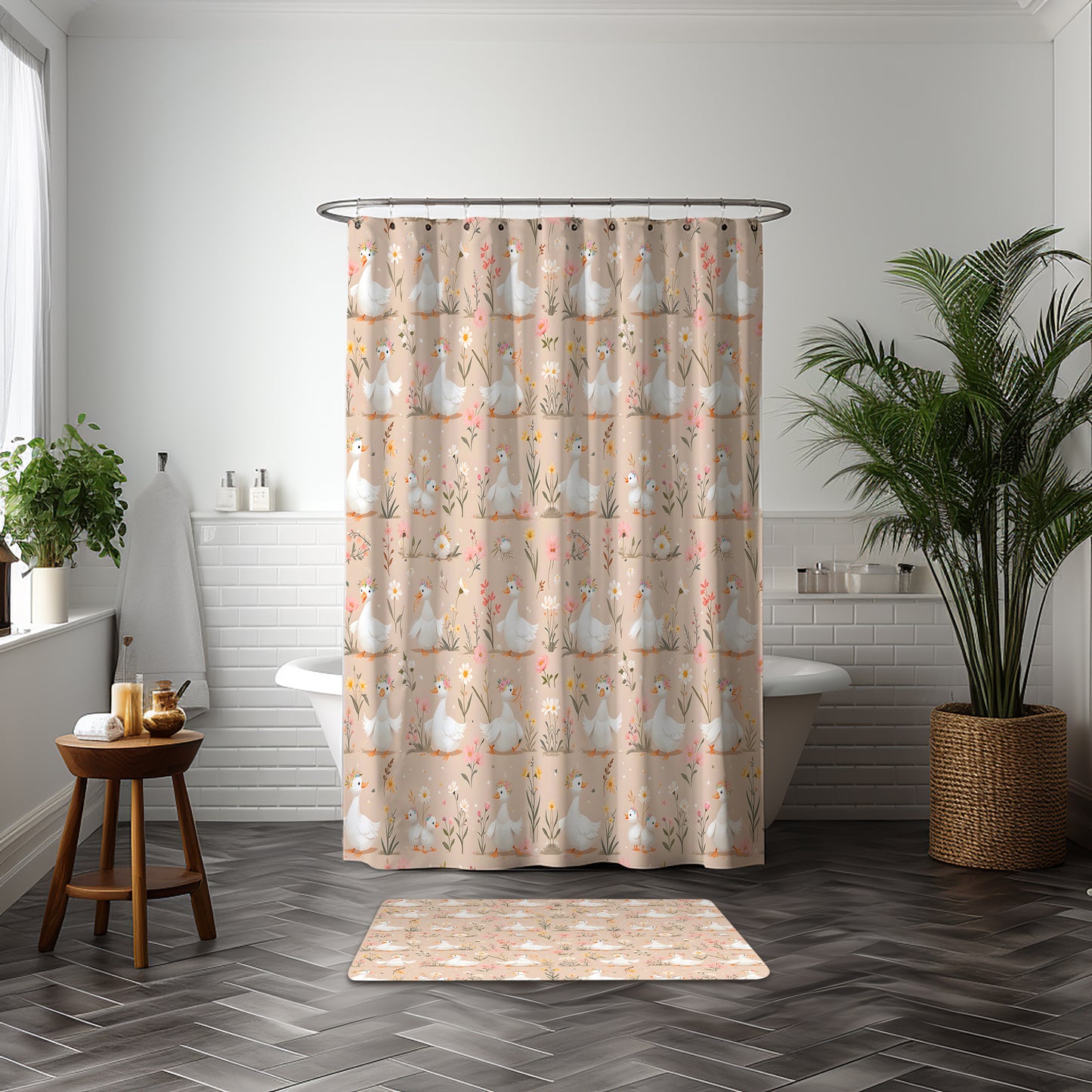 Goose Parade – Beige Floral & White Goose Shower Curtain