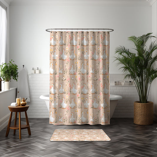 Goose Parade – Beige Floral & White Goose Shower Curtain