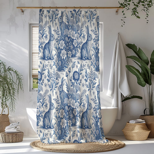 Blue Toile Meadow  Rabbit & Floral Shower Curtain