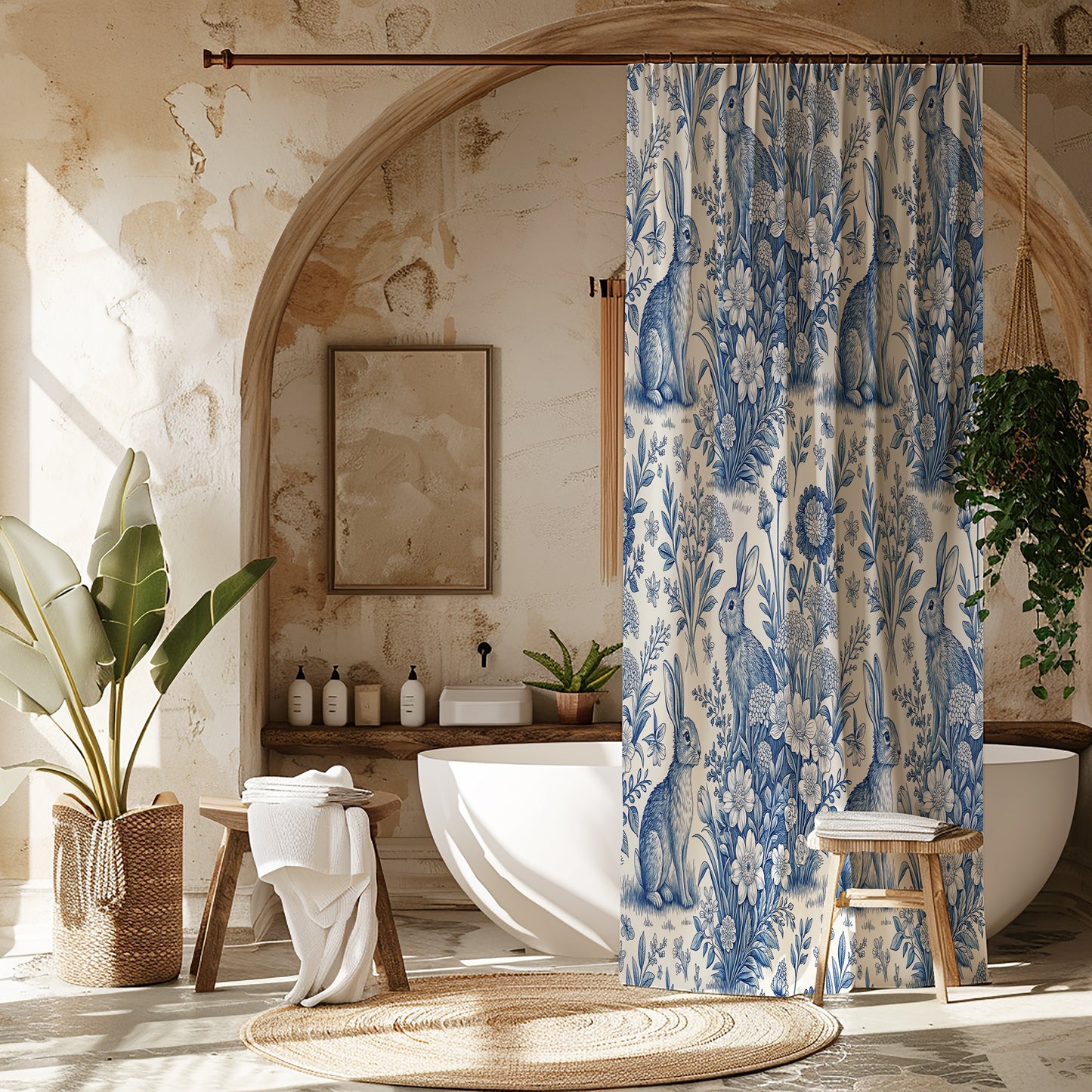 Blue Toile Meadow  Rabbit & Floral Shower Curtain